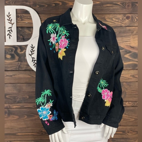 DG2 by Diane Gilman | Vintage Denim Jacket Embroidered Floral Tropical Bright - Picture 3 of 7